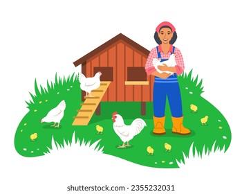 Happy smiling black farmer woman holds a chicken in hands standing near chicken coop. Hens, rooster and little chicks graze in green grass. Free range poultry. Eco farming. Simple flat illustration