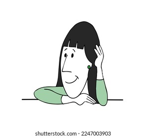 Happy smiling black long hair woman character and his head resting his hand  Cartoon style vector illustration isolated white background 