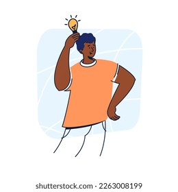 Happy smiling black man with light bulb in his hand. A dark skin person come up with an idea flat graphic vector illustration with outlines. Bingo, eureka, solution, insight concept..