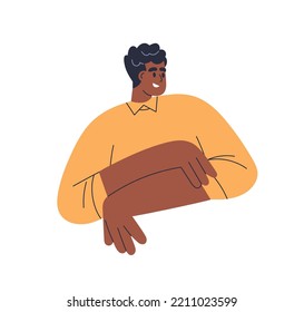 Feliz sonriente hombre negro que se ve amigable. Buen chico afroamericano alegre y positivo escuchando con interés, emoción emocionada. Ilustración vectorial plana aislada en fondo blanco