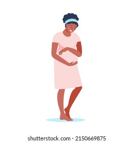 Happy smiling black woman pregnant holds her belly in pink dress isolated on white. Pregnancy and motherhood concept. Vector flat illustration. Design cute young pregnant woman poster, card, banner