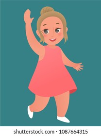 Happy smiling blond baby girl in pink dress waving hand and wolking.