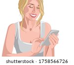 Happy and smiling blonde woman in gray t-shirt looking at her smartphone. Vector