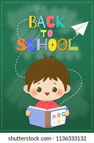Happy smiling boy with book and flying paper plane on blackboard background.  Back to School concept,Vector illustration.