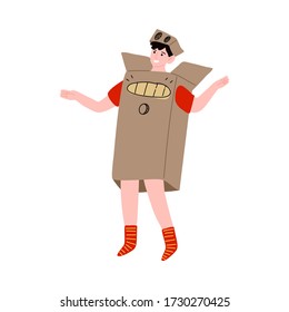 Personaje de niño sonriente feliz con un traje de robot hecho de la caja de cartón. Ilustración vectorial al estilo de las caricaturas.