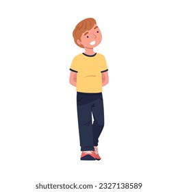 Happy Smiling Boy Character Standing with Hands Behind Vector Illustration