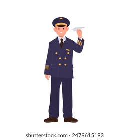 Happy smiling boy child captain plane pilot cartoon character standing isolated on white background