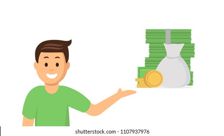 Happy smiling boy demonstrating piles of banknotes vector illustration. Growth income savings investment concept. Flat style design. Isolated on white background