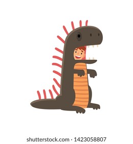 Happy Smiling Boy in Dinosaur Costume, Kid Dressed for Carnival or Masquerade Party Vector Illustration