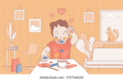 Happy smiling boy drawing and leaving handprints on paper vector cartoon outline illustration. Stained with paint child draw pictures at home or drawing studio during the art lesson.