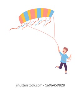 Happy Smiling Boy Flying Kite into the Sky, Outdoor Recreational Activity Vector Illustration