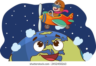 Happy smiling boy flying plane like a real pilot in retro leather flight helmet.Modern book illustration.Flat style cartoon vector illustration.