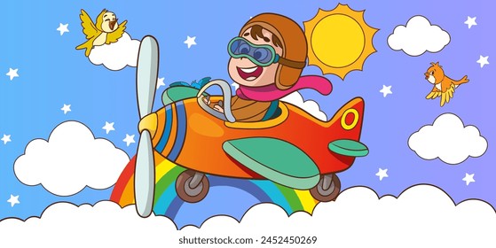 Feliz niño sonriente que vuela avión como un piloto real en casco de vuelo de cuero retro. Ilustración de libro moderno. Ilustración vectorial de dibujos animados de estilo plano.