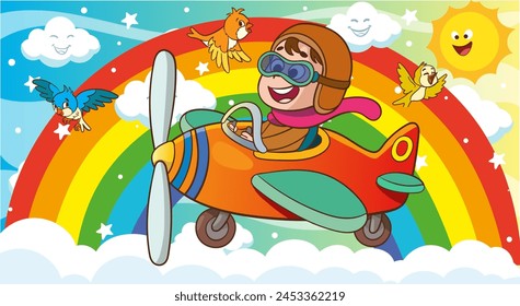 Happy smiling boy flying plane like a real pilot in retro leather flight helmet.Modern book illustration.Flat style cartoon vector illustration.