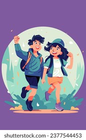 Happy smiling boy and girl with backpacks in the park. Vector illustration. Happy Young couple on adventure