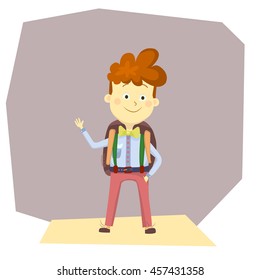 Happy smiling boy going to school. Cartoon character. Pupil with backpack. Vector illustration of smart kid, schoolboy.
