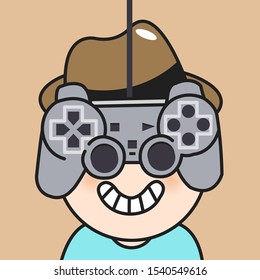 Happy Smiling Boy With His Eyes In Shape Of Video Game Control Pads Concept Card Character illustration