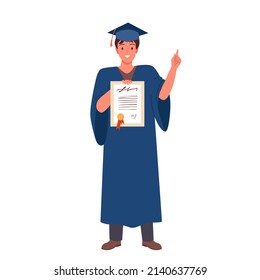 Happy smiling boy holding a graduation diploma. Student graduate wearing college cap and robe, academic studies ceremony, university bachelor degree cartoon vector illustration