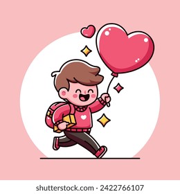 happy smiling boy holding heart shape balloon for valentine illustration