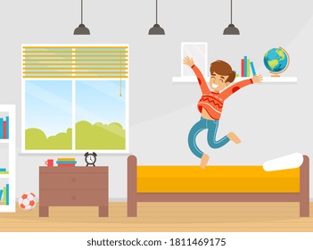 Happy Smiling Boy Jumping on his Bed Like a Trampoline in his Bedroom Cartoon Vector Illustration