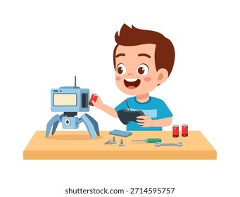 Fröhlich lächelnder Junge, der etwas über Robotik lernt, einen Roboter mit Batterie und Fernbedienung auf einem Tisch zu montieren