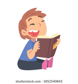 Happy Smiling Boy Reading Book, Young Fan of Literature, Fairy Tales, Stories, Discoveries Cartoon Style Vector Illustration