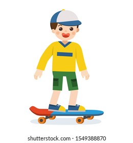 Happy smiling boy skating on skateboard. Skateboarding ride on white background.