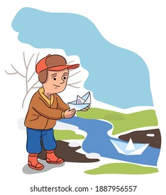 Feliz niño sonriente y primavera lanzando el empujador flotante vector barco de papel. Juego en el lago. El clima cálido. Recreo infantil de temporada. Actividad al aire libre. Bosque, paisaje de parque. Niñez y sueño