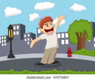Happy and smiling boy standing on the street with city background  cartoon vector illustration