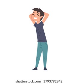 Happy Smiling Boy Standing Throwing Hands over his Head Cartoon Style Vector Illustration on White Background