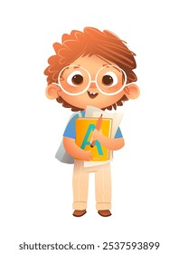 Feliz menino sorridente personagem estudante carregando livros e usando óculos. Desenho de personagem para crianças de classe elementar ou pré-escolar. Feliz colegial, ilustração isolada vetor cartoon para crianças.