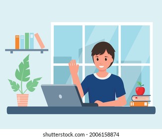 Happy smiling boy studying online at home. Pupil with laptop in room. Online Education, homework or Back to school concept. Vector illustration in flat style.