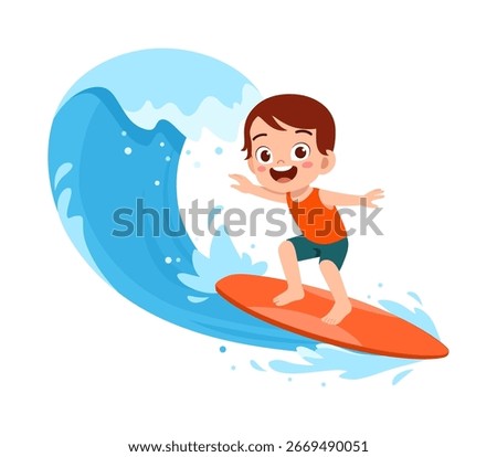 Happy Smiling Boy Surfing on a Wave in Illustration Style Having Fun in the Water