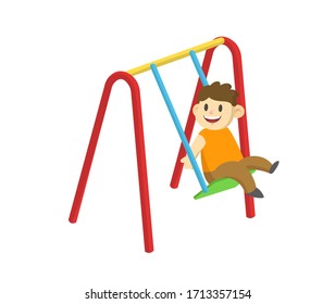 Happy smiling boy swinging on a swing. Cartoon flat vector illustration, isolated on white background.