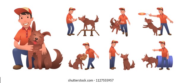 Happy smiling boy training his funny dog. Boy and dog playing together. Set of flat cartoon characters. Colored flat vector illustration. Isolated on white background.