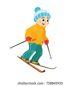 Happy, smiling boy in warm clothes skiing downhill, winter sport activity, retro style cartoon vector illustration isolated on white background. Happy boy skiing, winter vacation, outdoor activity