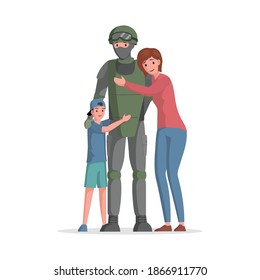 Happy smiling boy and woman hugging man in military ammunition vector flat illustration isolated on white background. Young woman and her son with man in mask and protection uniform.