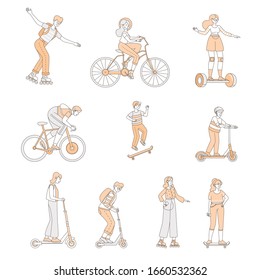 Happy smiling boys and girls riding on modern personal transport vector cartoon illustration. People with roller skates, bicycles, self-balancing scooters, skateboards, and scooters outline concept.