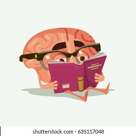 Happy smiling brain character read book. Vector flat cartoon illustration