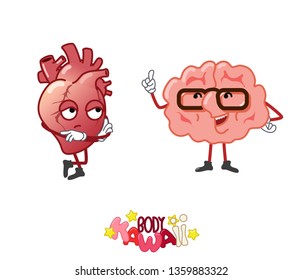 Happy smiling brain and grumpy heart cute kawaii cartoon characters arguing, vector illustration