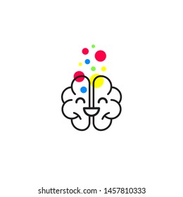 Happy Smiling Brain, Line Icon, Neurotransmitters Dopamine And Serotonin, Psychologist Logo. Vector Linear Flat Illustration Isolated