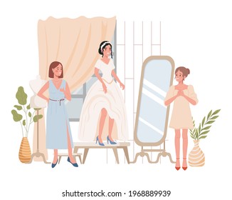 Happy smiling bride trying on wedding dress vector flat illustration. Bride with her friends or dressmakers choosing perfect wedding dress for marriage ceremony. Fashion atelier interior design.