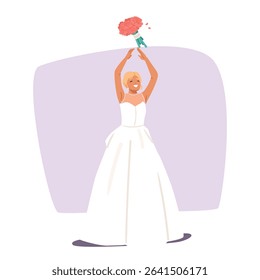 Happy smiling bride wearing festive white bridal dress tossing rose flower bouquet in air cartoon. Wedding ceremony celebration, romantic ceremonial tradition vector illustration. Newlywed character