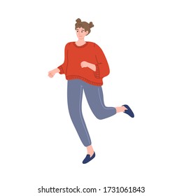 Happy smiling brown-haired girl running in a redshirt. Healthy lifestyle. Vector illustration in cartoon style