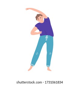 Feliz hombre de pelo castaño sonriente haciendo ejercicio de yoga gimnástico. Ilustración vectorial al estilo de las caricaturas.
