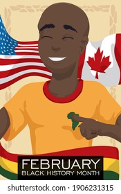 Happy, smiling brunette man, with African, U.S. and Canada flags promoting Black History Month on February.