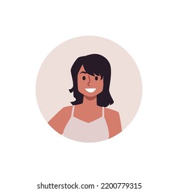 Happy smiling brunette woman avatar, flat vector illustration isolated on white background. Modern young female character face at round frame backdrop.
