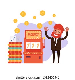 Happy smiling business man character win casino clot machine jack pot. Gambling game concept. Vector flat graphic design cartoon illustration