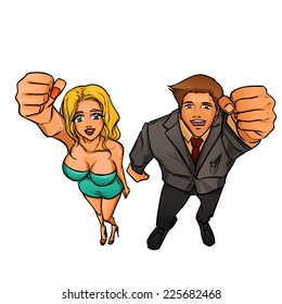 Happy smiling business man and woman expressing success and winning, confidence and advance. They hold hand making fist above head. Vector cartoon drawing.
