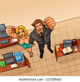 Happy smiling business man and woman expressing success and winning, confidence and advance. They hold hand making fist above head. Office room with workplaces. Vector cartoon drawing.
